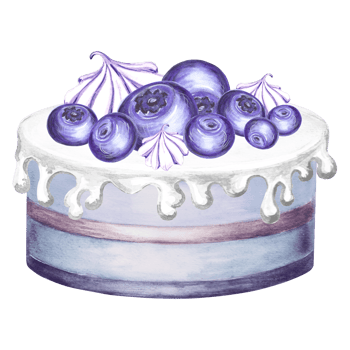 Cake with bluberry and meringue. Watercolor illustration of berries pie dessert with glaze and cream, isolated. Hand drawn template of holiday food for menu, window dressing, card, print on wrapping. png