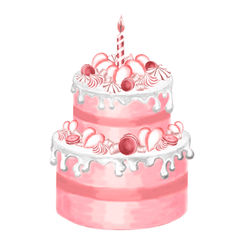 Cake with pink candle, hearts marshmallow and meringue for Valentine's Day. Dessert with macaroons, marshmallow, glaze and candle. Hand drawn watercolor illustration for various designs, menu png