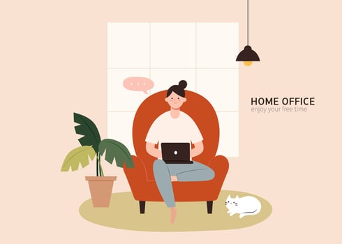 Young woman sitting on a armchair and working on laptop, home office concept in flat design vector