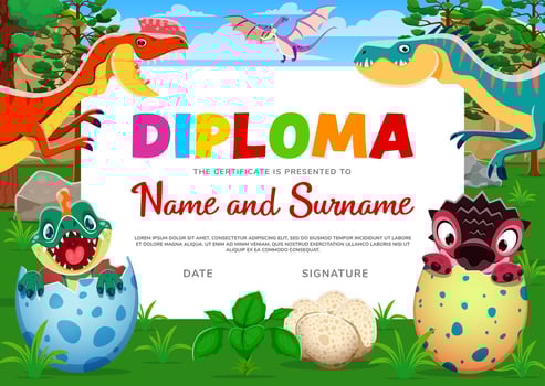Kids diploma, cartoon funny dinosaur and dino eggs vector