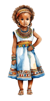Watercolor and painting cute African American or Ethiopian tribe baby doll girl cartoon in National tribal ethnic costume. AI-Generated png
