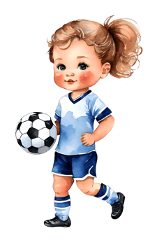 Watercolor and painting cute Caucasian baby doll girl cartoon is playing soccer or Football. AI-Generated png