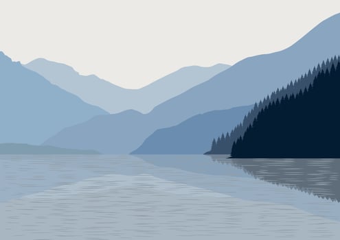 Lake landscape with mountains. Illustration in flat style.the vector
