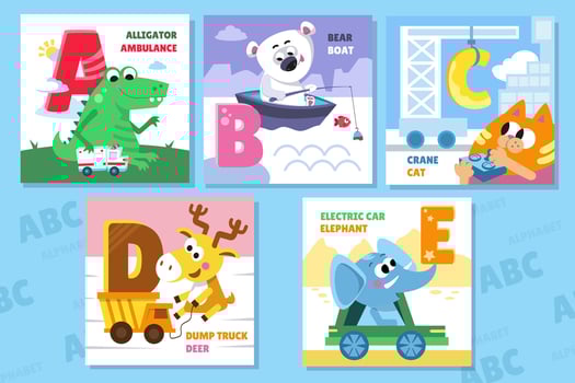 Letter set. Alphabet, cards with cute cartoon style characters. Animals and cars. ABC. Education for children. Preschool activity. illustrations. vector