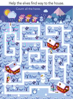 Educational maze game for children. Help elves find way. Count for kids. Christmas puzzle illustration. vector