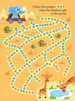 Maze game, activity for children. Follow pattern. illustration. Cute elephant in car. African animals. Cartoon characters. vector