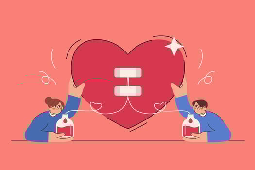 Flat couples volunteer donating blood in medical hospital. Woman and man donor patient touching to big heart sign. World blood donor day or health charity. Healthcare donation and save lives concept. vector