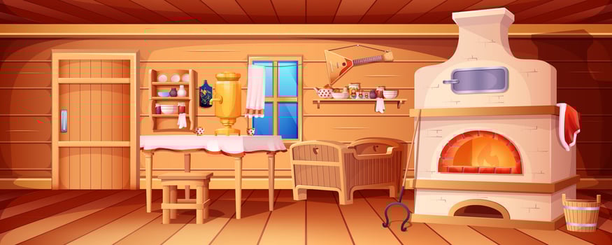 Cartoon russian hut interior with old kitchen. Ancient ukrainian house inside view with wooden furniture, window, door. Rural traditional cooking room with stove, samovar, grip, balalaika, baby crib. vector