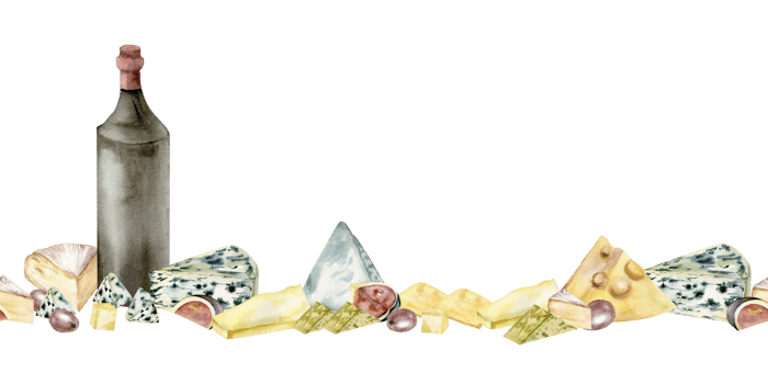 Cheese mix with red wine bottle, figs and grapes seamless banner. Hand drawn watercolor food illustration with brie, camembert, gouda, fruits for menu, restaurant, product packing design png