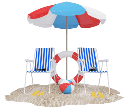 Summer holiday with beach chairs, umbrella, hat, camera and beach accessories. Summer vacation concept for travel agency advertise sale or represent. 3d rendering png