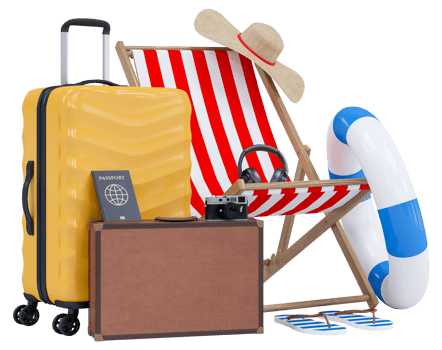 Summer holiday with Luggage, beach chairs, umbrella, camera and beach accessories. Summer vacation concept for travel agency advertise sale or represent. 3d rendering png
