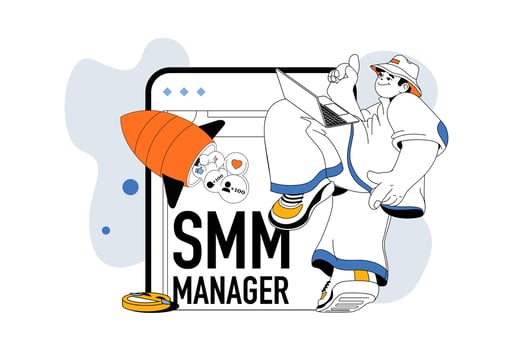 SMM manager outline web modern concept in flat line design. Man analyzing social media trends and creating digital content in blogs. illustration for social media banner, marketing material. vector