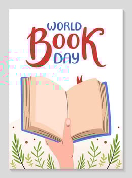 World Book day poster. Hand is holding book. Festive Invitation background with floral pattern. Hand drawn lettering. Vertical Backdrop postcard, poster, text template. flat illustration. vector