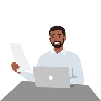 Young black man working on laptop at office holding report or resume. Remote job at home web consultation. vector