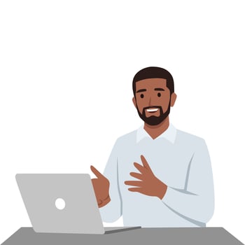 Young man use laptop computer and call with partner. He work from home. vector