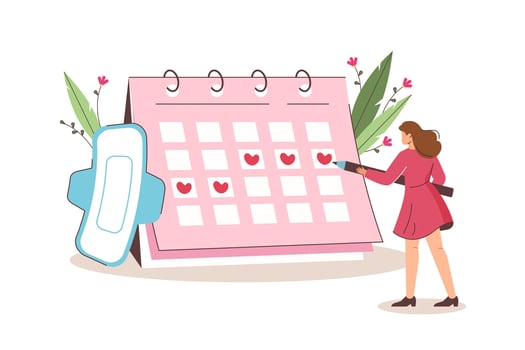Flat young woman mark date of menstrual periods in calendar. Menstruation cycle control or pregnancy planning. Pms tracker or ovulation day. Concept of women health, prediction of fertile days. vector