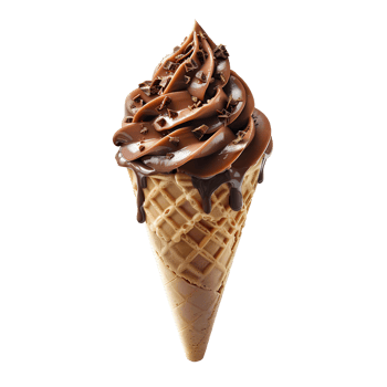 Chocolate ice cream cone with chocolate pieces and sprinkles isolated. Chocolate ice cream dripping. Chocolate ice cream top view isolated. Chocolate dessert flat lay png