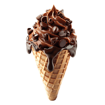 Chocolate ice cream cone with chocolate pieces and sprinkles isolated. Chocolate ice cream dripping. Chocolate ice cream top view isolated. Chocolate dessert flat lay png