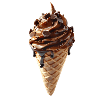 Chocolate ice cream cone with chocolate pieces and sprinkles isolated. Chocolate ice cream dripping. Chocolate ice cream top view isolated. Chocolate dessert flat lay png
