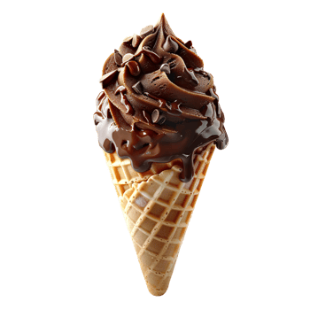 Chocolate ice cream cone with chocolate pieces and sprinkles isolated. Chocolate ice cream dripping. Chocolate ice cream top view isolated. Chocolate dessert flat lay png