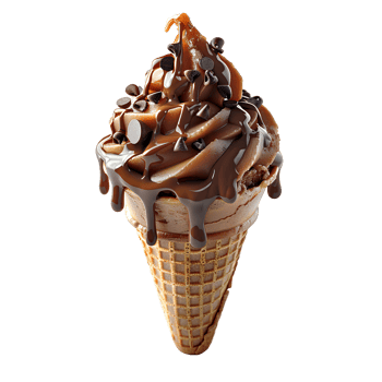 Chocolate ice cream cone with chocolate pieces and sprinkles isolated. Chocolate ice cream dripping. Chocolate ice cream top view isolated. Chocolate dessert flat lay png