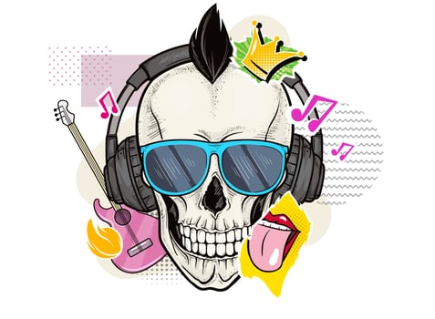 Human gothic skull with sunglasses, headphones and rock music symbol stickers. Pop art hipster skeleton head with guitar, tongue and crown collage elements on white background. vector