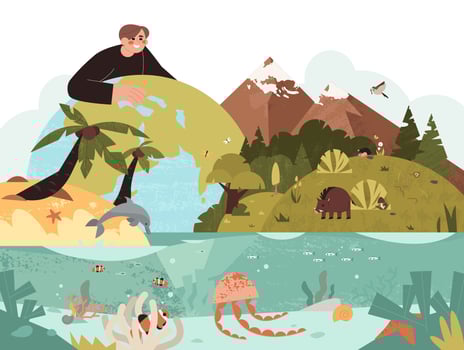 Flat biodiversity, earth ecosystem and diversity of planet life. Ecologyst protect to flora and fauna. Person save of habitat types of wild animals, birds, ocean fishes, tropical trees and forest. vector