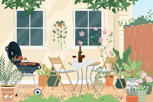 Patio area flat illustration. House backyard with cooking grill, green plants, trees. Garden modern furniture for barbecue and picnic. Cartoon outdoor furnished yard for BBQ summer parties vector