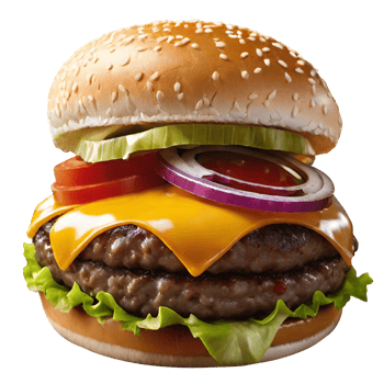 Delicious burger with beef burger bacon cheese and meat bread lettuce tomatoes png