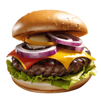 Delicious burger with beef burger bacon cheese and meat bread lettuce tomatoes png