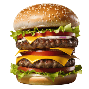 Delicious burger with beef burger bacon cheese and meat bread lettuce tomatoes png