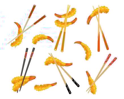 Set of fried shrimp or Tempura shrimp on chopsticks isolated on white background. Collection of clip arts. vector
