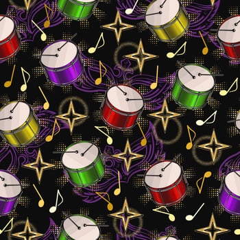 Carnival seamless colorful pattern with drums, music notes, stars, sparkle halftone shapes. Outline masks behind. Detailed vintage illustration for prints, apparel, clothing, surface design vector