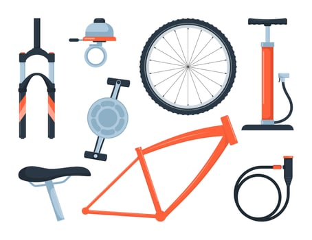 Bicycle equipment and parts, set of icons, symbols and design elements. Sport bike repair components. illustration. vector