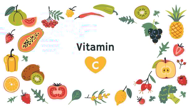 Frame with best sources of vitamin C foods, cartoon style. Fruits, berries and vegetables set. Natural antioxidant products, immune support. Isolated illustration, hand drawn, flat vector