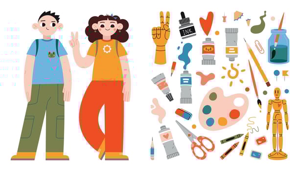 Set with girl and boy students, painting tools elements and art supplies like paint tubes, pencil and color palette. Isolated cartoon illustration, hand drawn, flat design vector