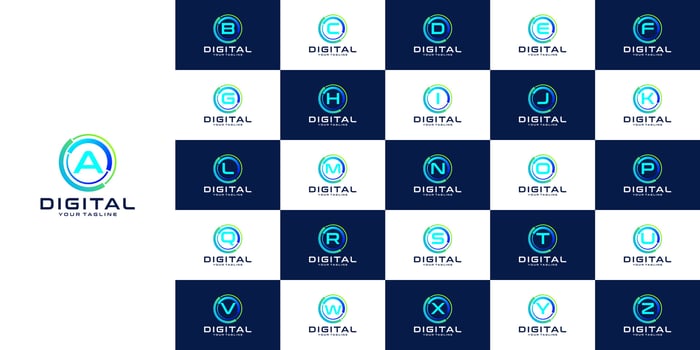 collection of initial letters a to z with logo design, with modern circle logo digital, technology, connection, data, media, circle line vector