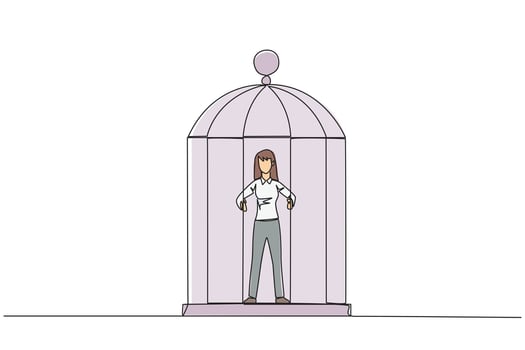 Single continuous line drawing unhappy businesswoman trapped in cage standing hold the iron bars. Imprisoned body and mind. Limited opportunity. Feeling exhausted. One line design illustration vector