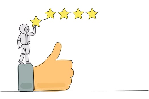 Single one line drawing astronaut standing on the thumbs up wants to attach the stars to form 5 star in a row. Give review or good feedback. Cosmonaut deep space. Continuous line graphic illustration vector