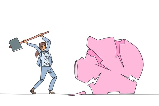 Single continuous line drawing businesswoman preparing to hit big piggy bank. Rampage. Running out of capital. Unprofitable business. Trying new luck. Rise again. One line design illustration vector