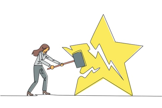 Single continuous line drawing businesswoman preparing to hit big star. Rampage. The destroyer of dream. Failed to get the best career position. Anger overflowed. One line design illustration vector