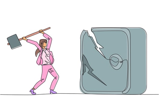 Single continuous line drawing businesswoman preparing to hit big safe deposit box. Boss is furious want to destroy with hammer. Angry businesswoman. Losing file. One line design illustration vector