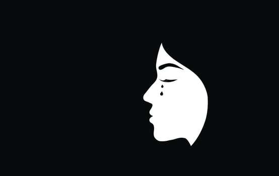 Silhouette of crying woman face on black background. Sadness and depression, broken heart feeling and stop violence against woman concept vector