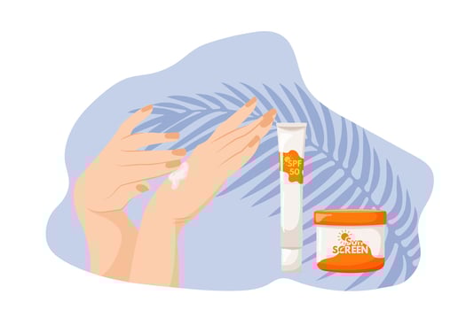 Female hands apply body cream on blue background with palm leaves. Sunscreen moisturizer, tanning cream, skin protection and UV blocking. vector