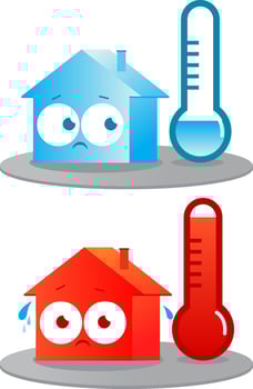 A very hot and cold house and thermometers. Cartoon buildings in hot and cold weather. Badly insulated buildings in extreme temperatures. vector