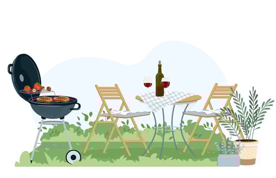 Patio area flat illustration. House backyard with cooking grill, green plants, trees. Garden modern furniture for barbecue and picnic. Cartoon outdoor furnished yard for BBQ summer parties vector