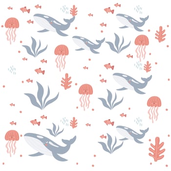 Cute underwater animal pattern. Cute Whale, jellyfish and fish. Underwater background. Pattern for Kids vector