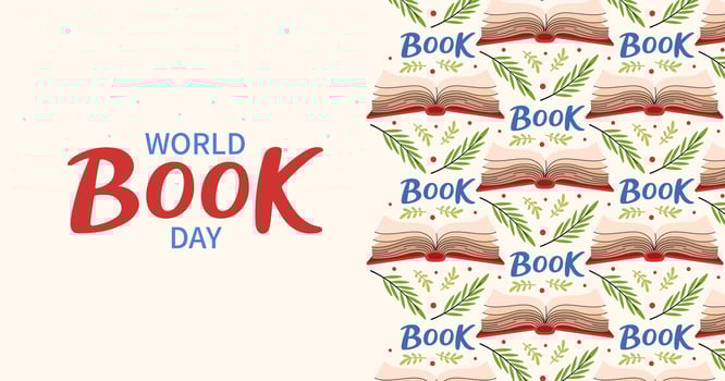 World Book day web banner. Open book pattern. Invitation background for readers. Hand drawn lettering. Education and School. Horizontal Backdrop postcard, poster, template. flat illustration vector