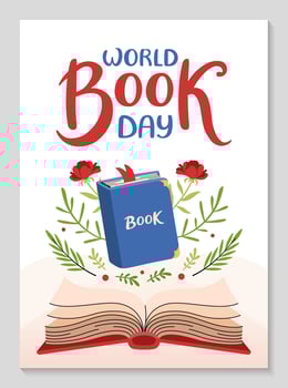 World Book day poster. Open book with floral pattern. Festive Invitation background for readers. Hand drawn lettering. Vertical Backdrop postcard, poster, template. flat illustration vector