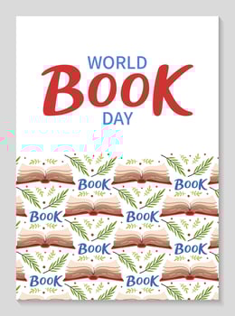World Book day poster. Open book pattern with flower leaves. Invitation background for readers. Hand drawn lettering. Vertical Backdrop postcard, poster, template. flat illustration vector